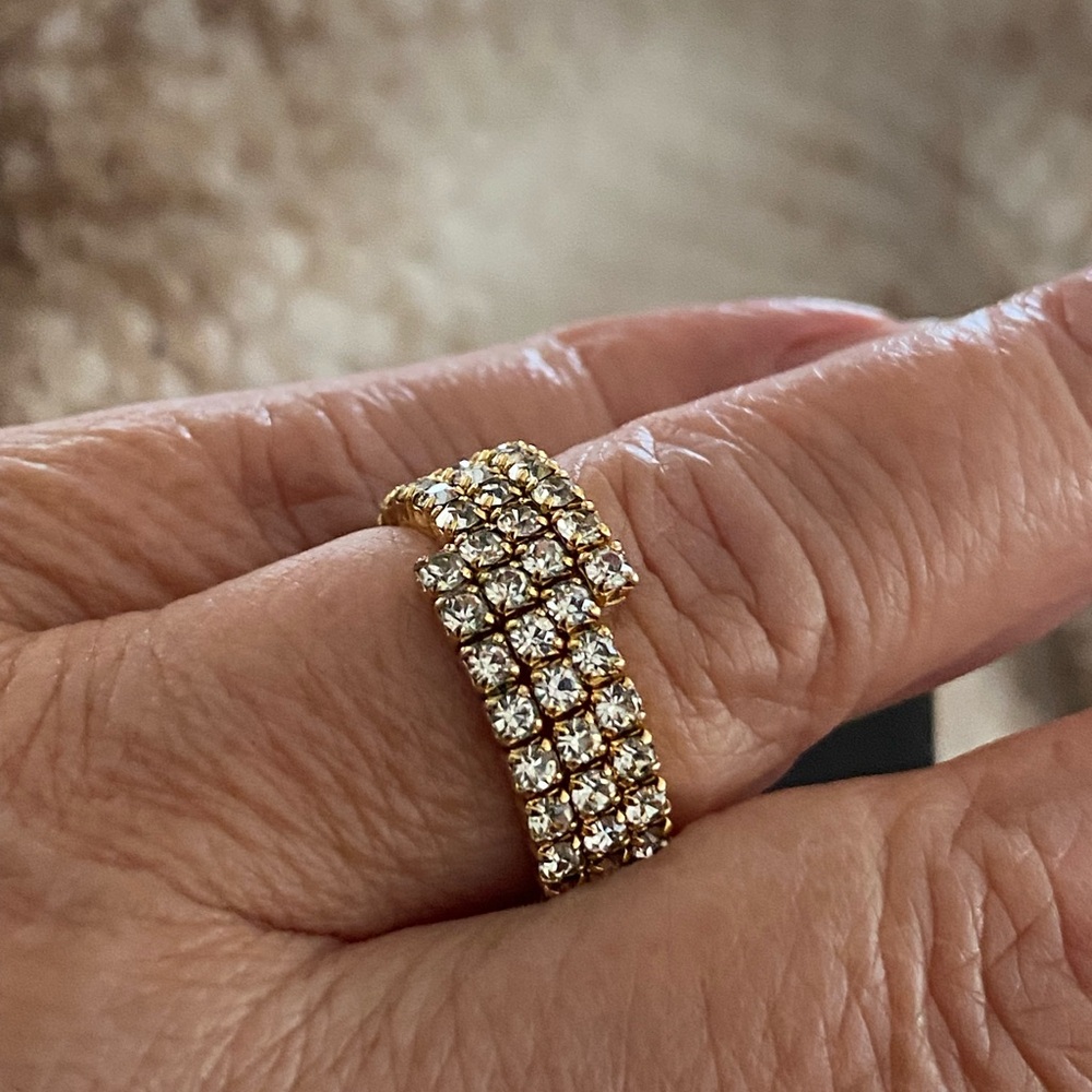 Three Rows Rhinestone Crystal Tennis Stretch Band Ring - Picture 8 of 12